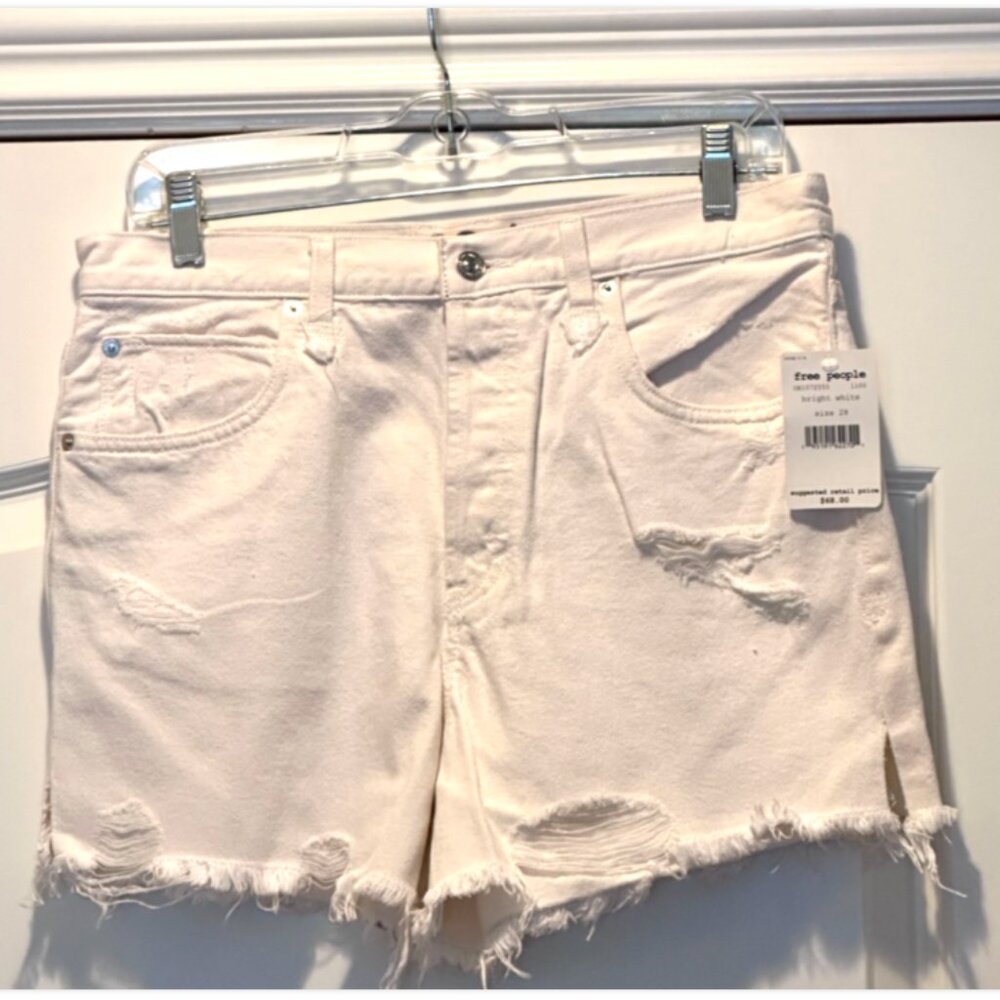 NWT Free People White Distressed Cutoff Denim Shorts Button Fly Size 28
